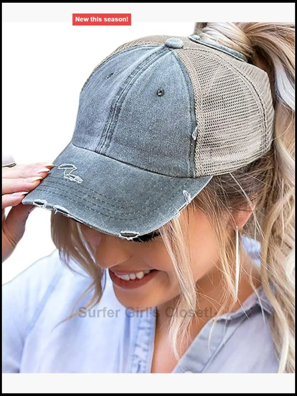 Distressed Ponytail Baseball Cap with Mesh Back for Women